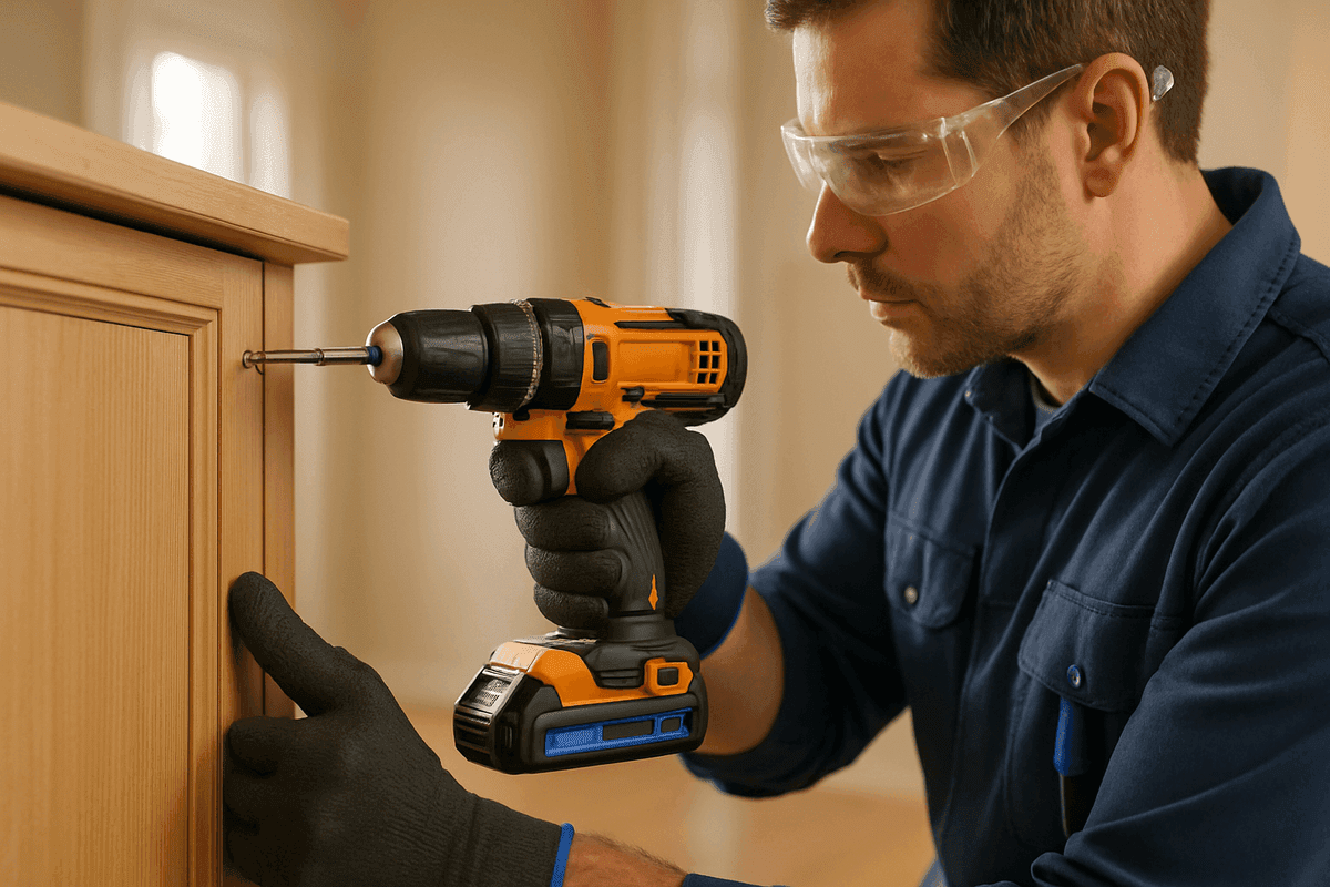 Close-up of gloved hands drilling wooden cabinet door in well-lit home interior